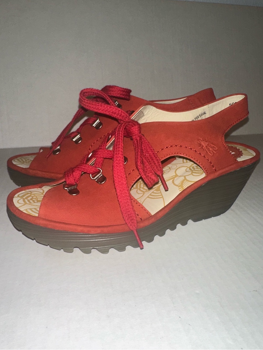 FLY London Leather Lace-up Wedge Sandals Ylfa EU 40 US 9 Red Leather